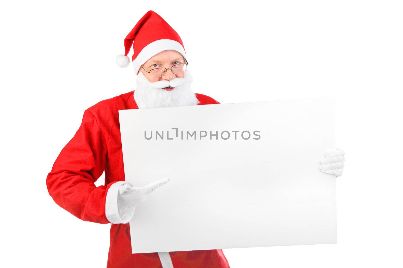 cheerful santa claus with big blank paper. isolated on the white background