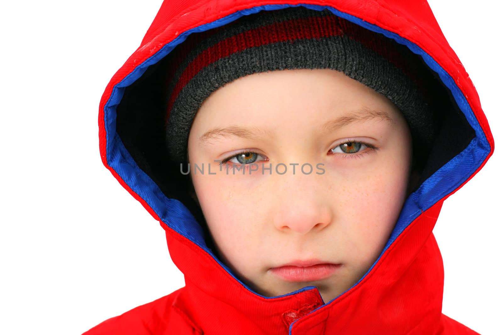 Sad young Boy portrait In the Winter. Isolated on the white