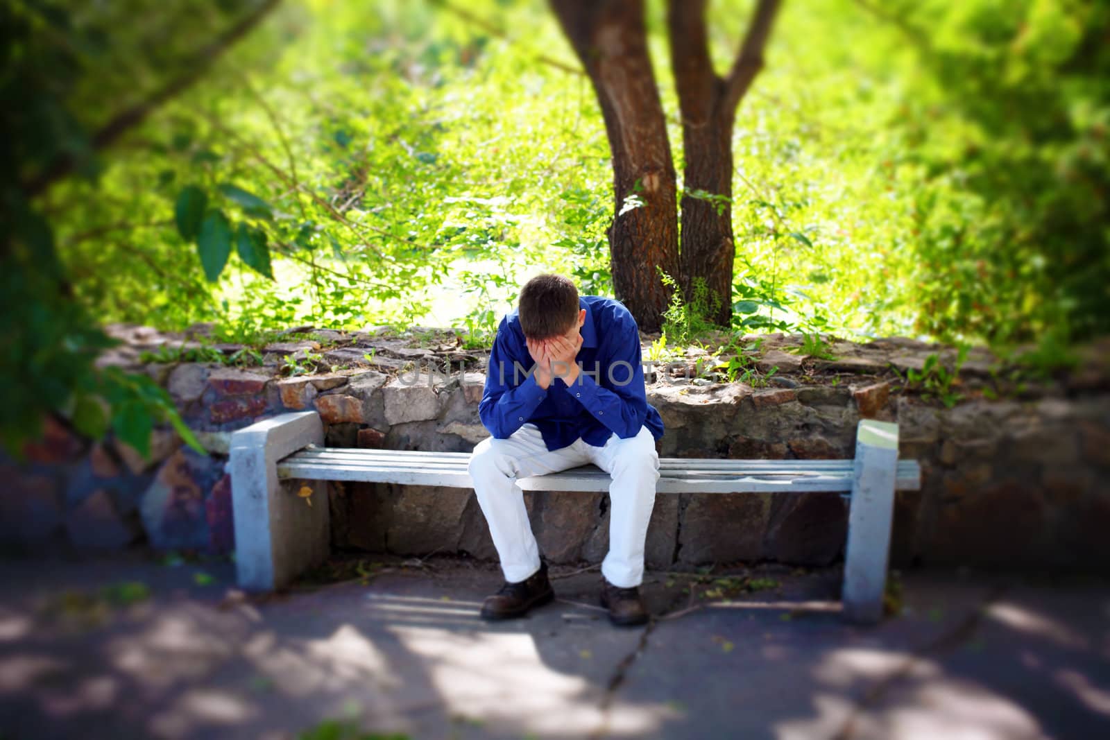 Sorrowful Young Man sitting on the bench in the Summer Park