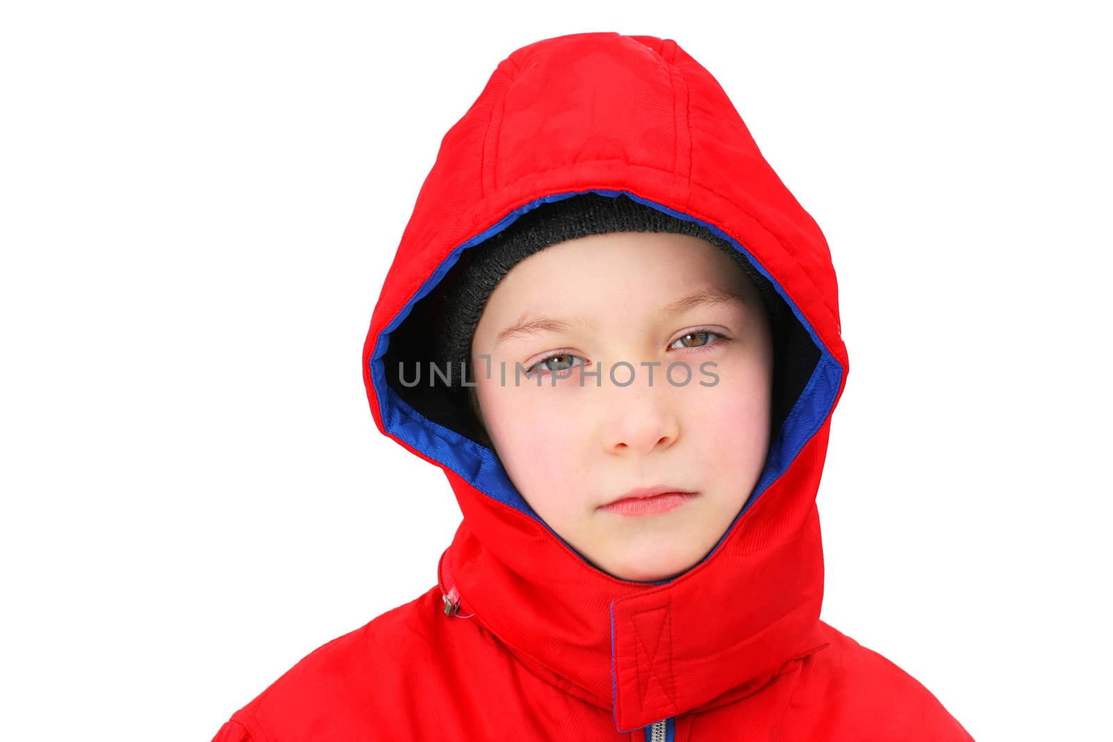 Sad young Boy portrait In the Winter. Isolated on the white