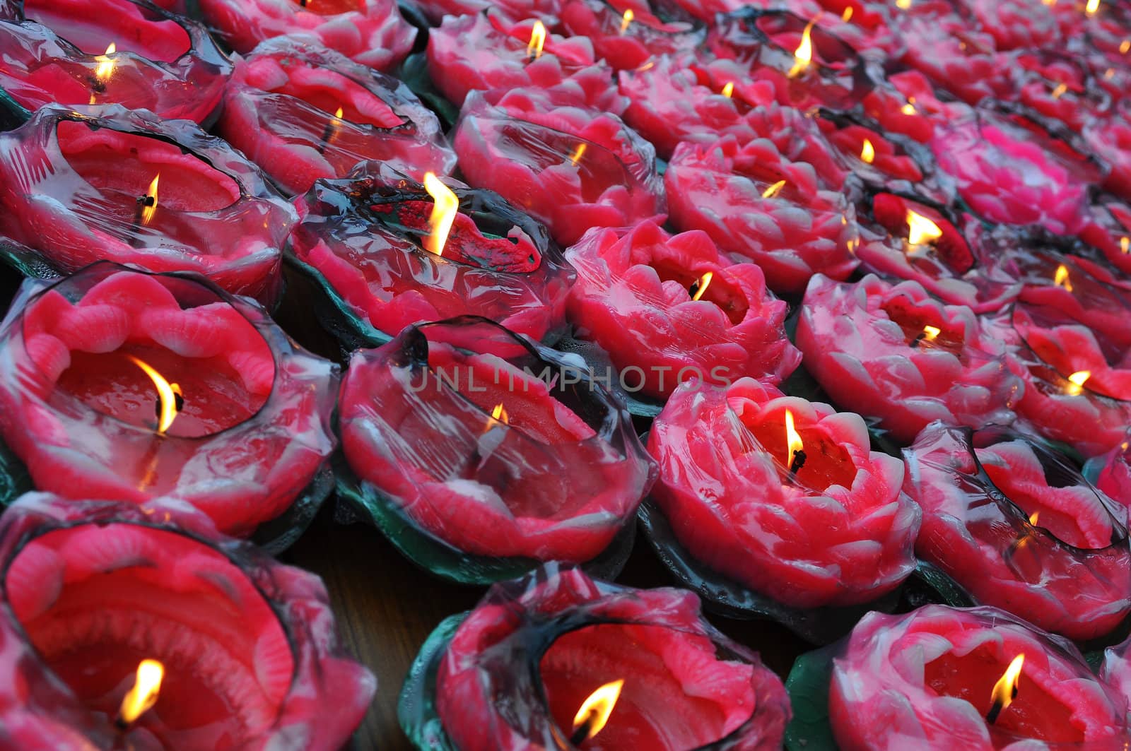 Buddhist lamps burning in a temple