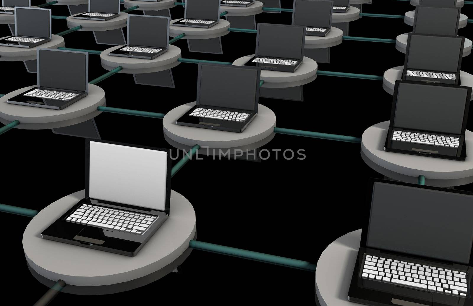 LAN Computer System in 3D with Laptops