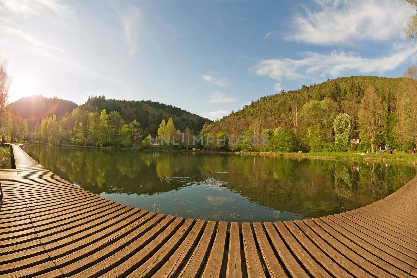 idyllic pond with wooden footbridge on a sunny day, sunset