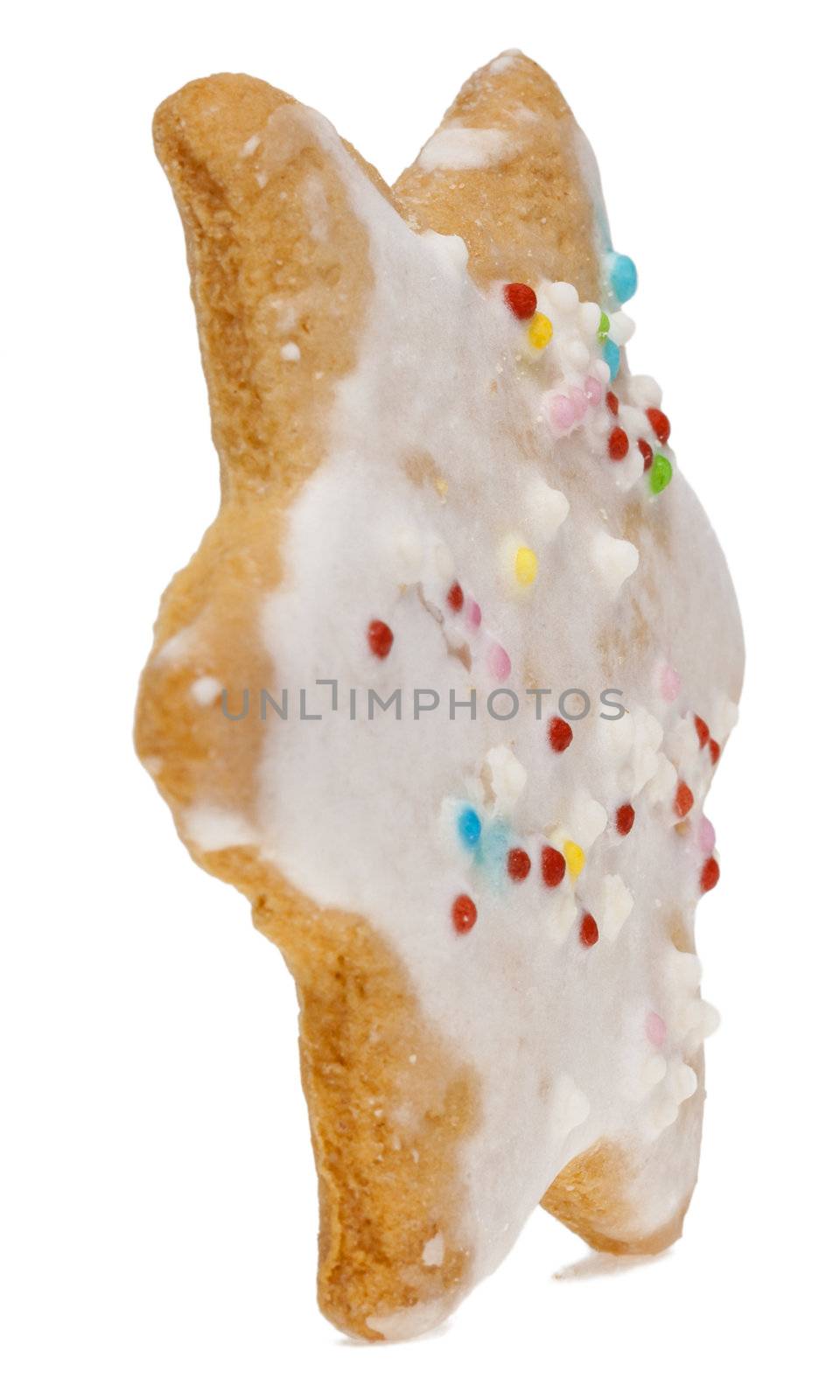 Image of a specific winter Alsatian star-shaped biscuit in a vertical position against a white background.