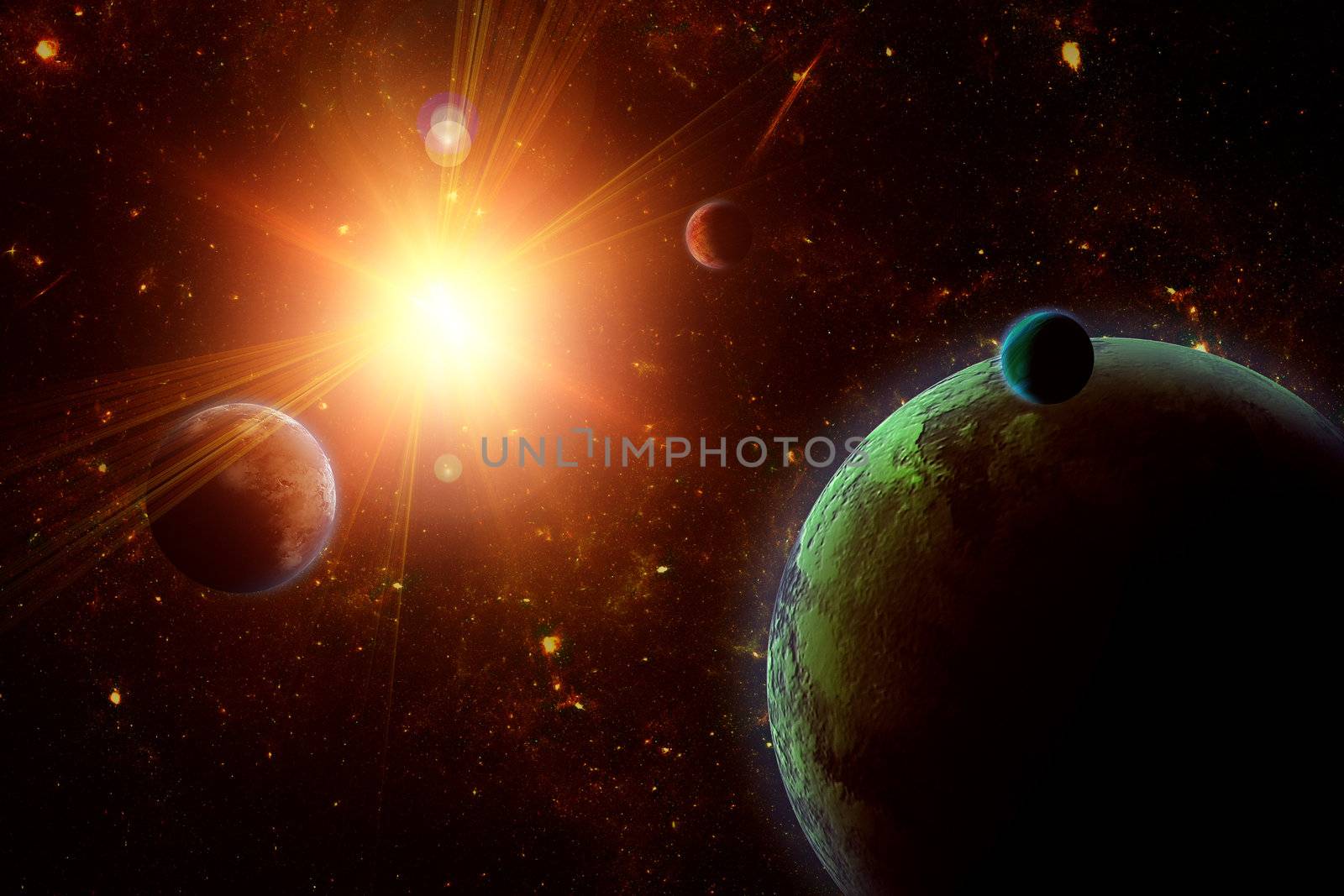A view of planet, moons and the deep space. Abstract illustration of distant regions.