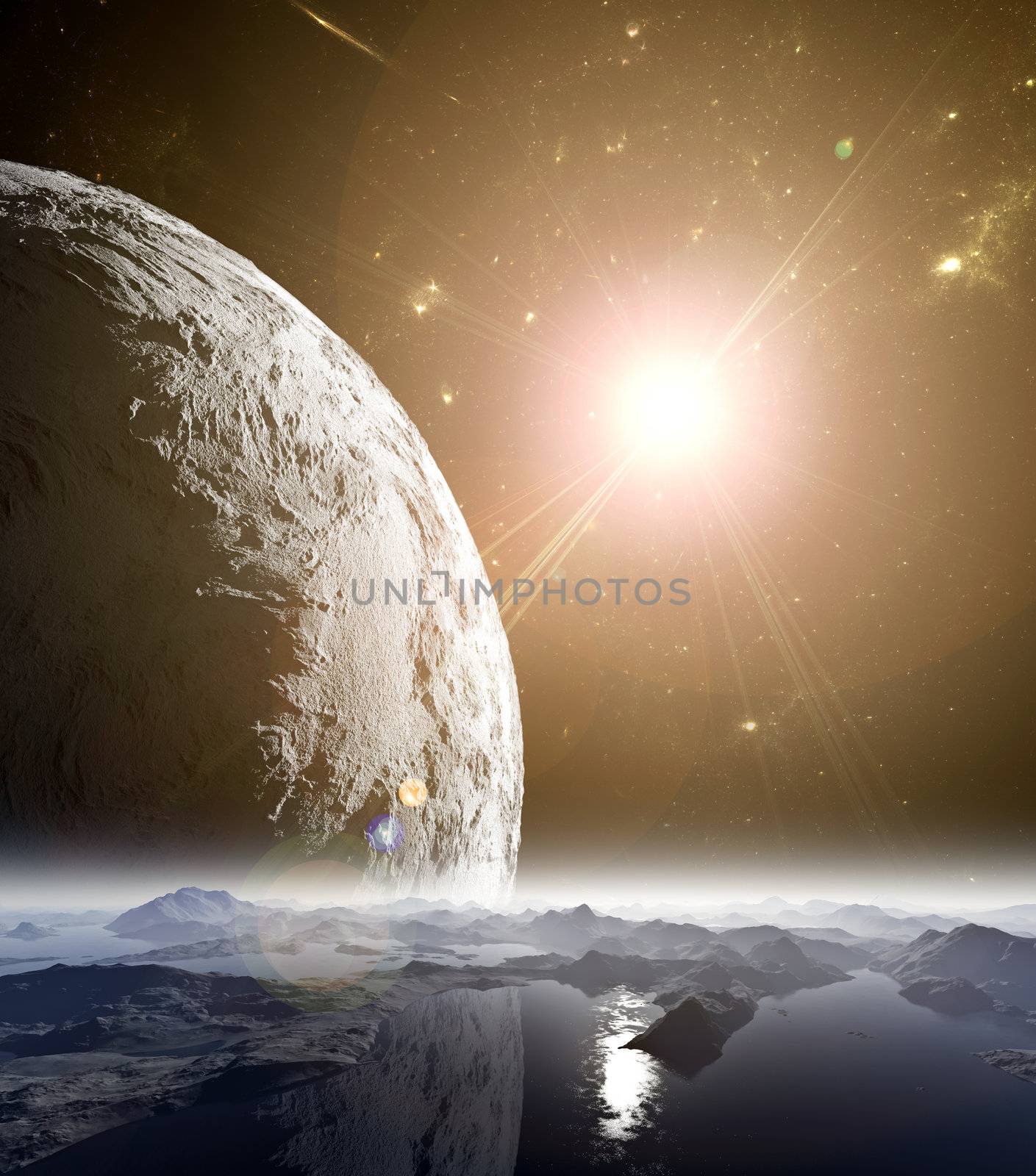A view of planet. moons and the universe from the earth surface. Abstract illustration of distant regions.