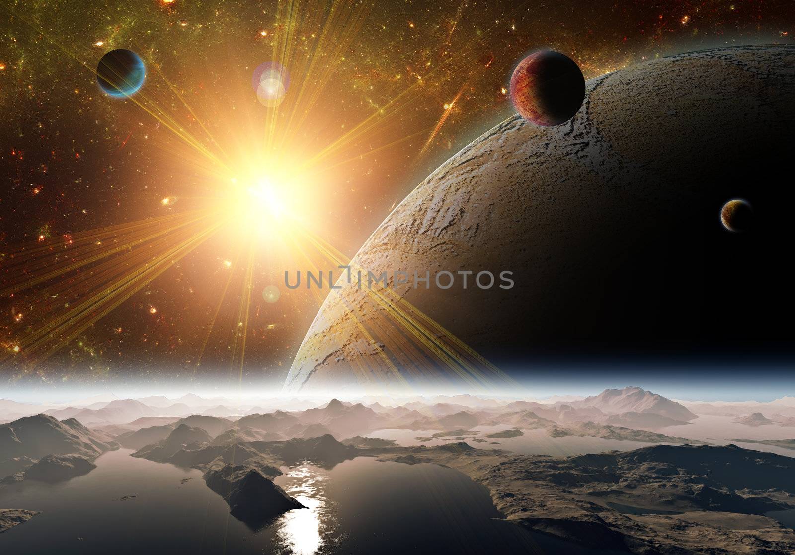A view of planet, moons and the universe from the earth surface. Abstract illustration of distant regions.