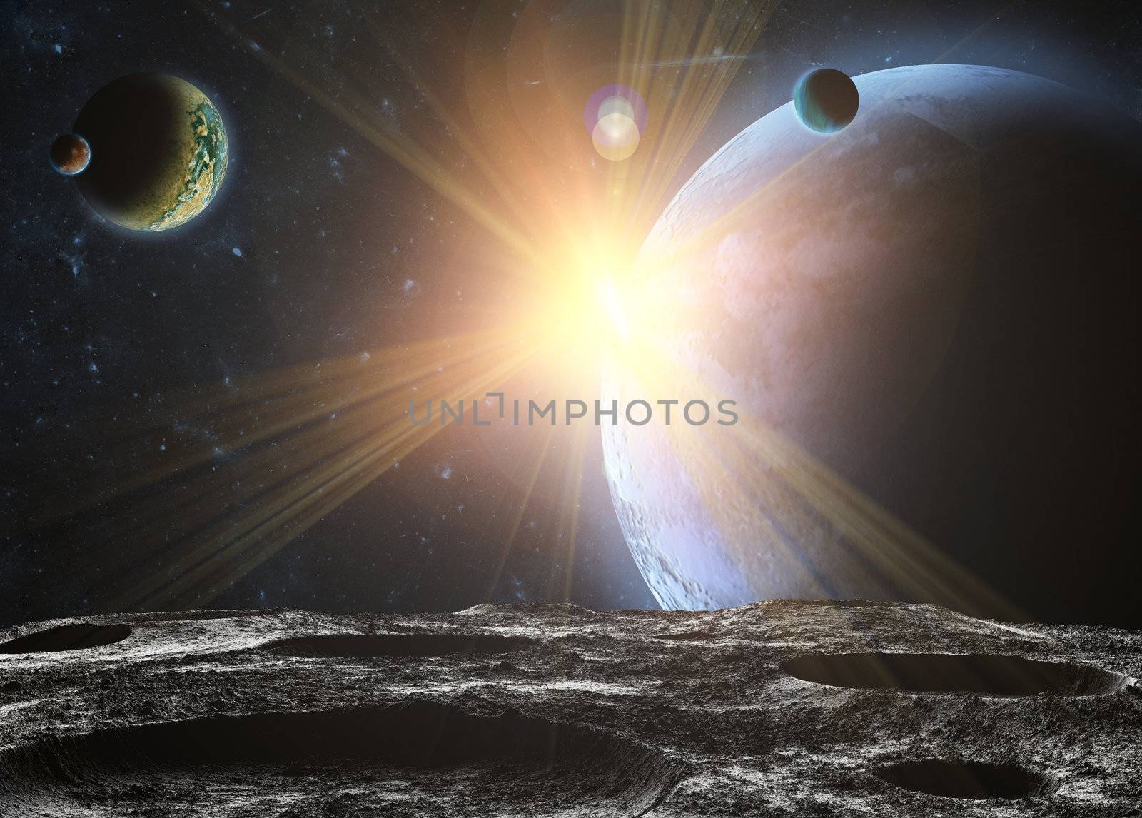 View of the Universe from the moon's surface. Abstract illustration of distant regions.