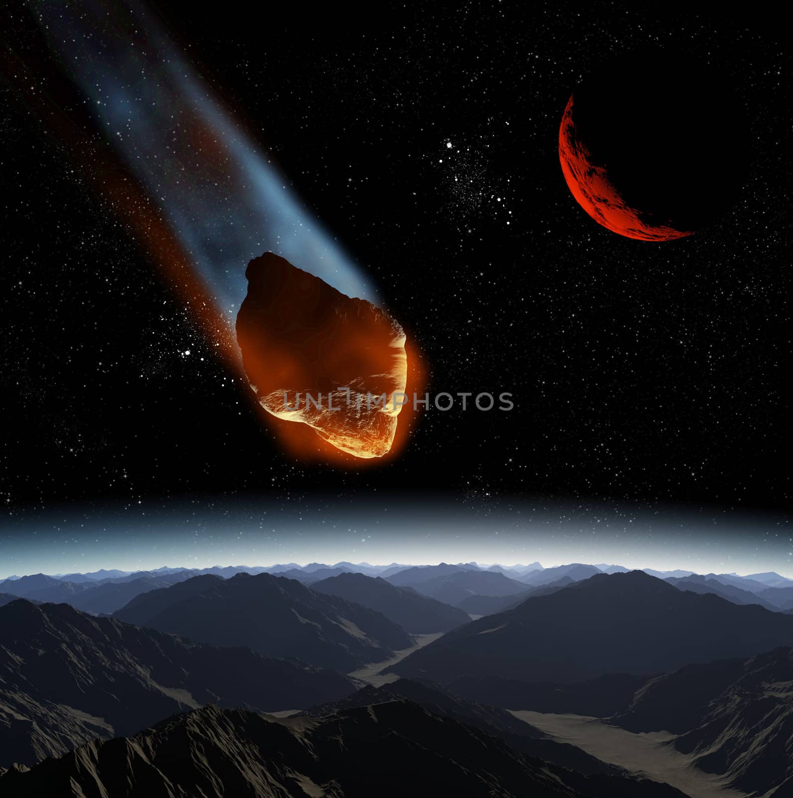 Attack of the asteroid on the planet in the universe. Abstract illustration of a meteor impact.