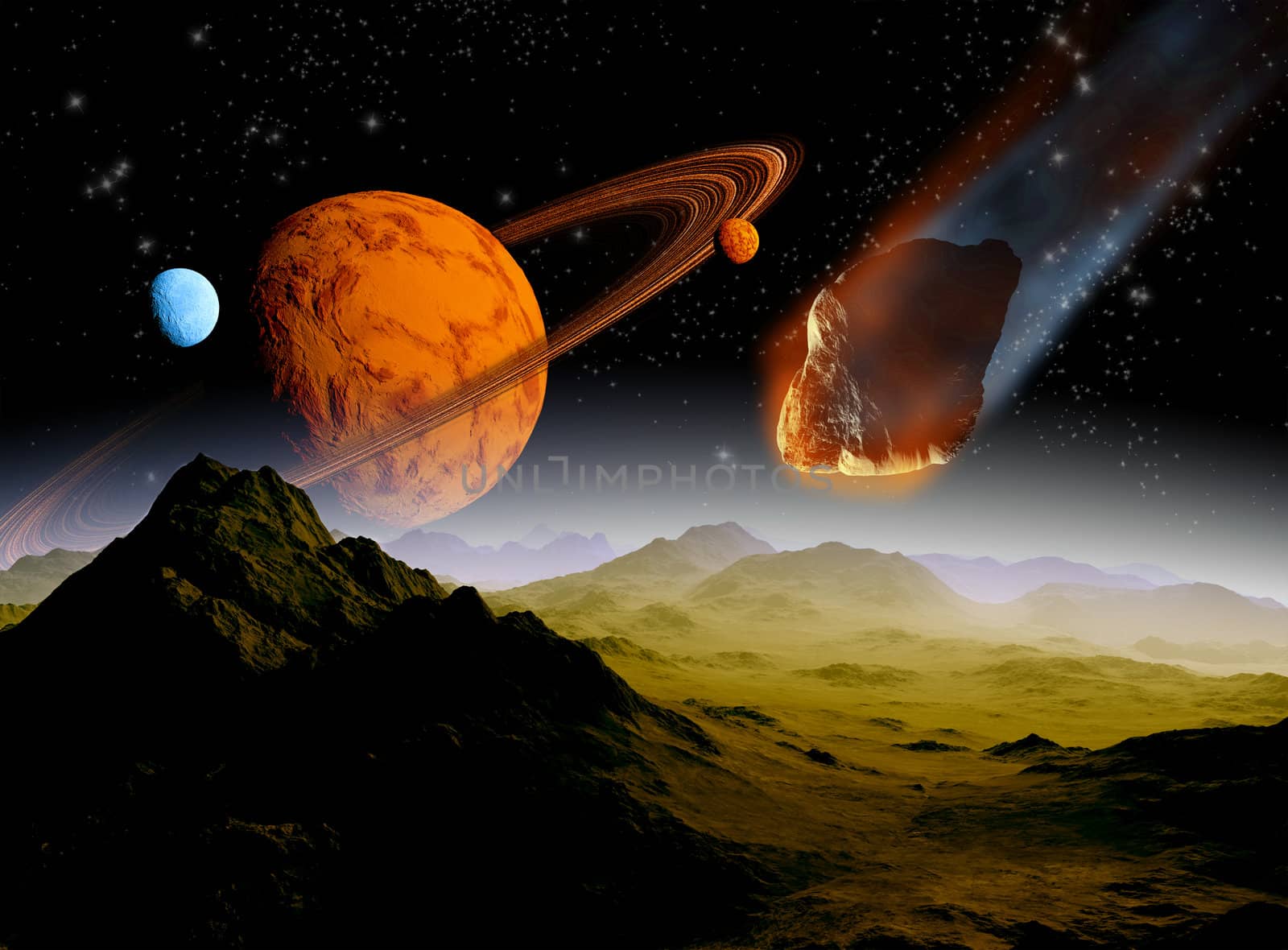 Attack of the asteroid on the planet in the universe. Abstract illustration of a meteor impact.