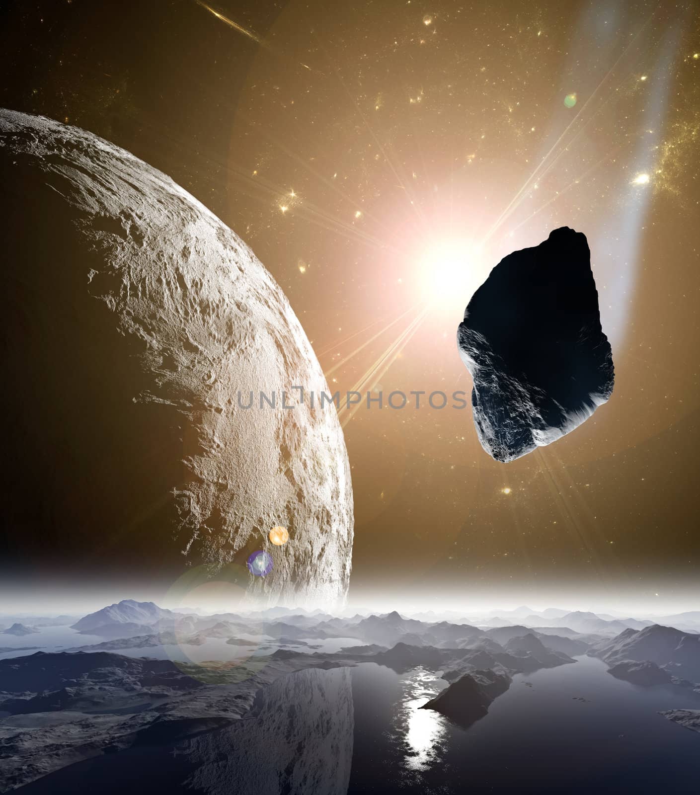 Attack of the asteroid on the planet in the universe. Abstract illustration of a meteor impact.