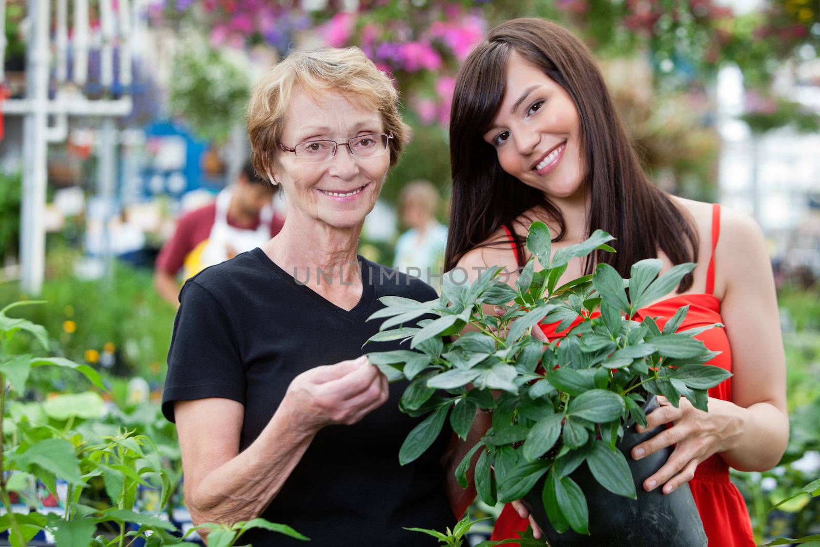 Young woman with her grandmother by leaf