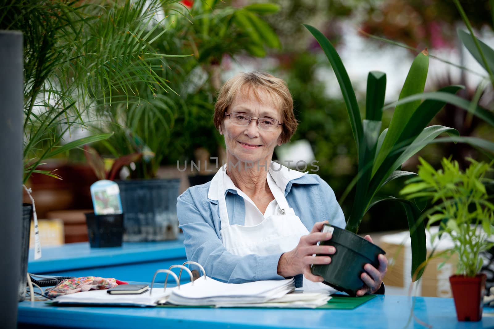 Senior Woman Cashier in Garden Center by leaf