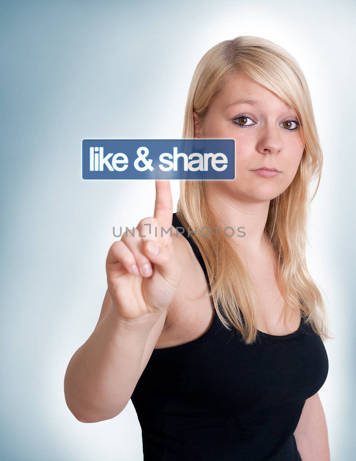 young blonde woman pressing a like and share button 