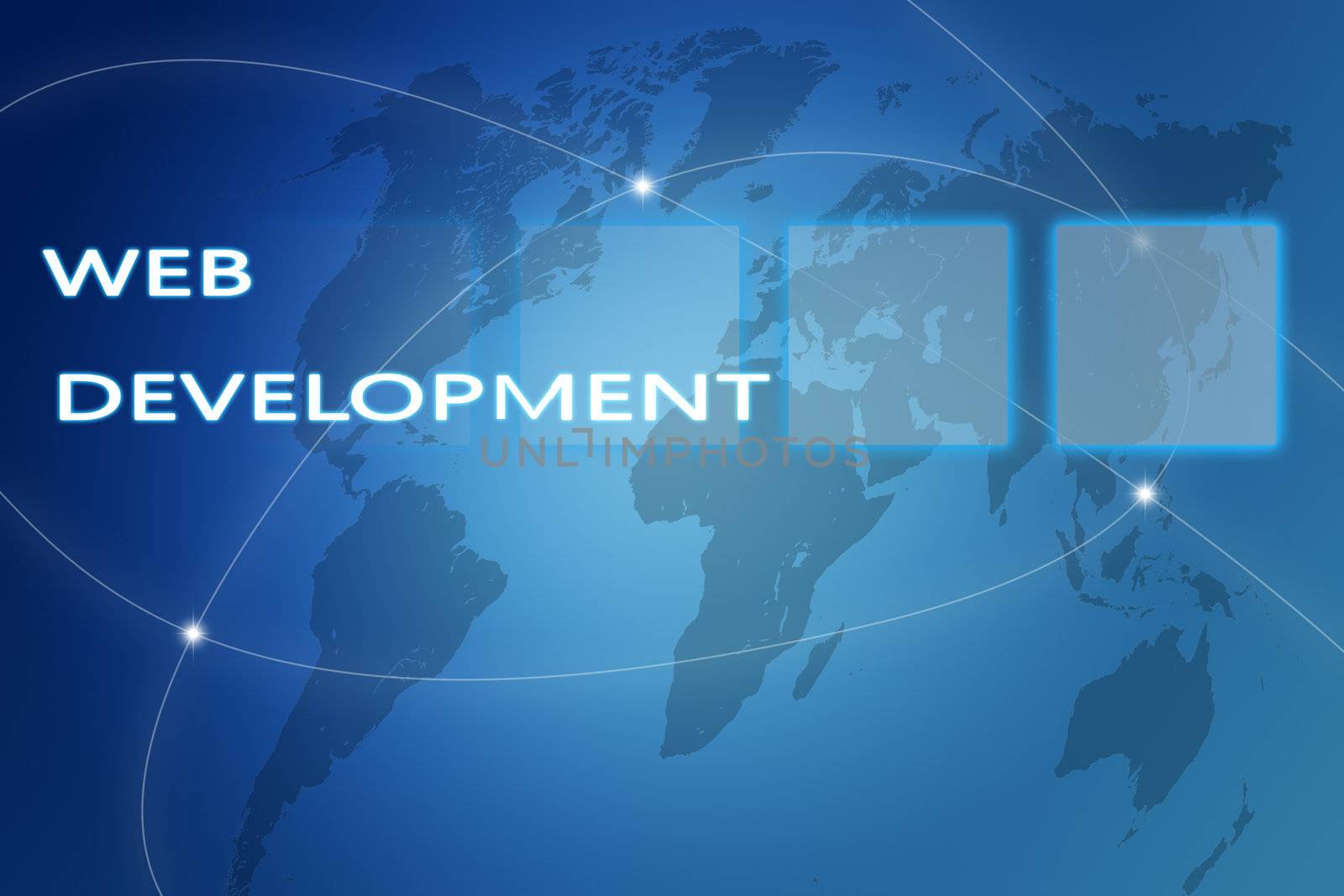 Web Development concept Illustration on blue background with world map