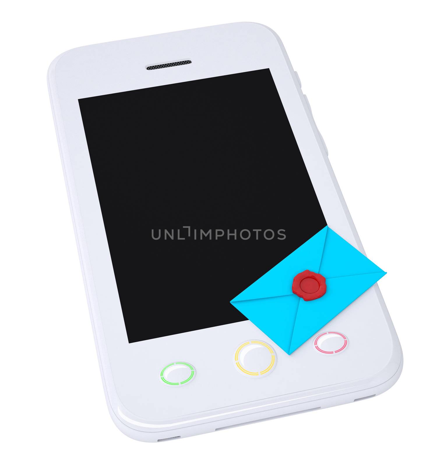 Blue envelope and smartphone. Isolated render on a white background