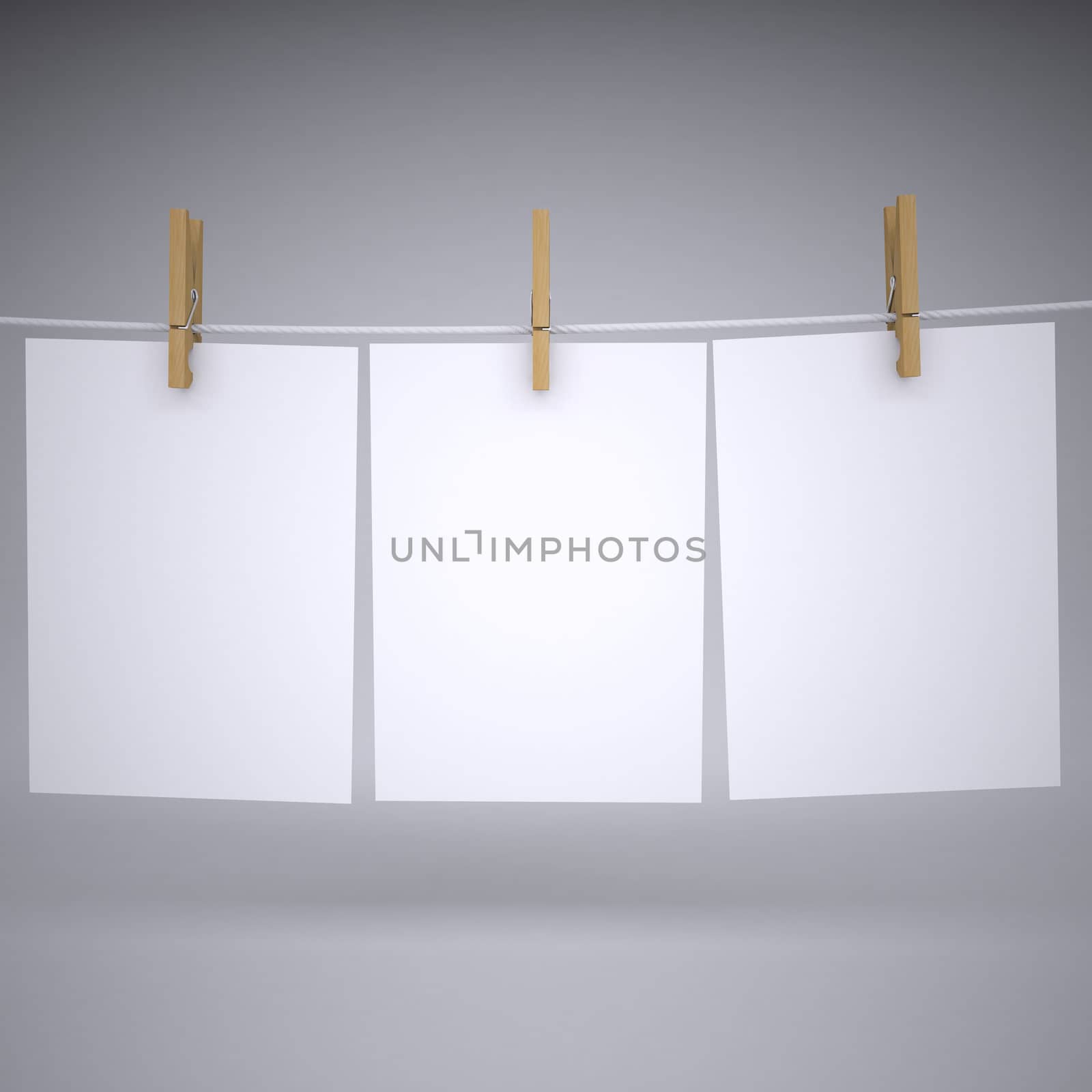 Paper on a rope with clothespins. Isolated render on a gray background