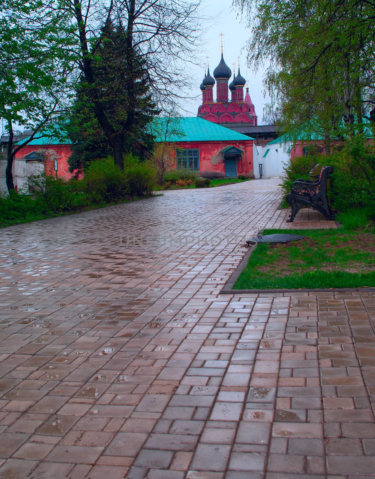 Ancient Russian town in the rain in the spring