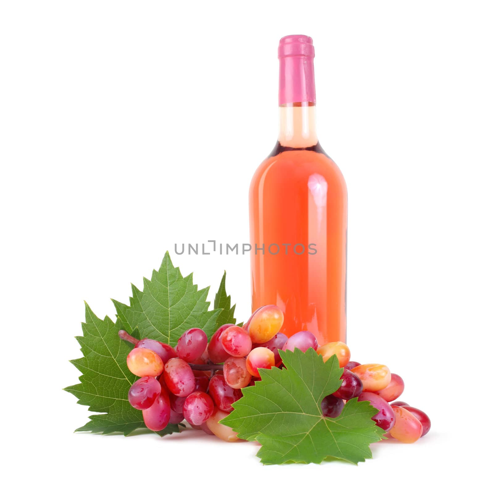 grapes with leaf and rose wine bottle isolated on white by rudchenko