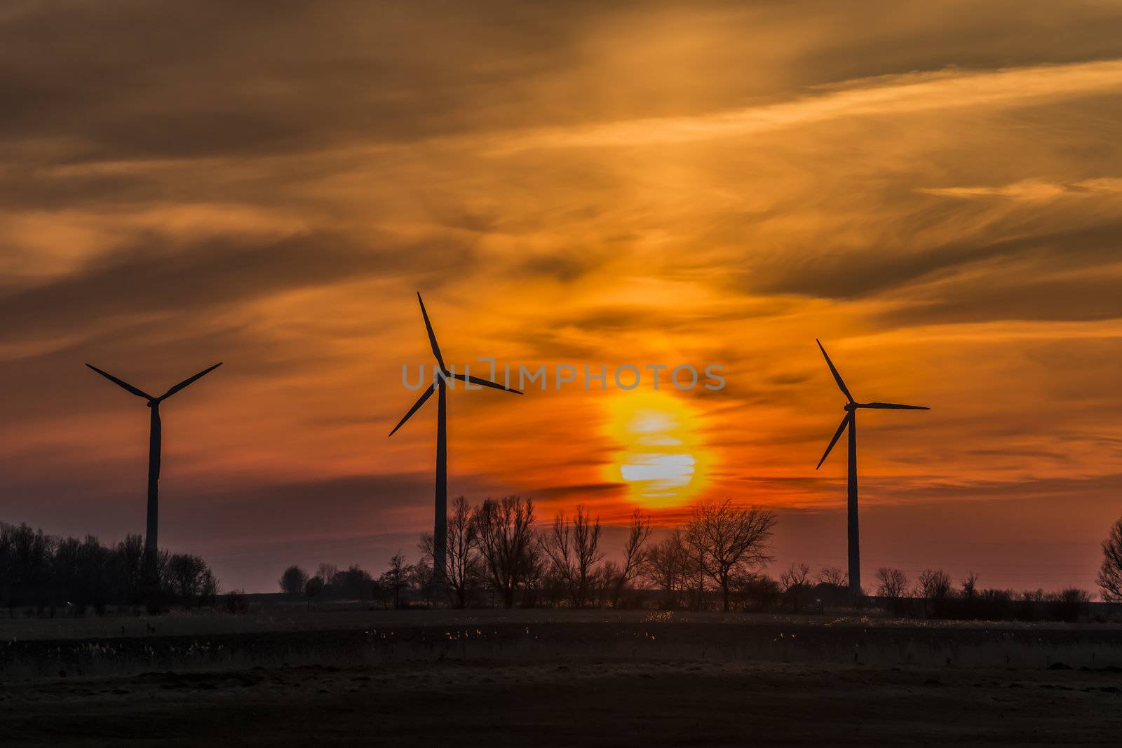 Three windmills in northern Germany in the evening with sunset