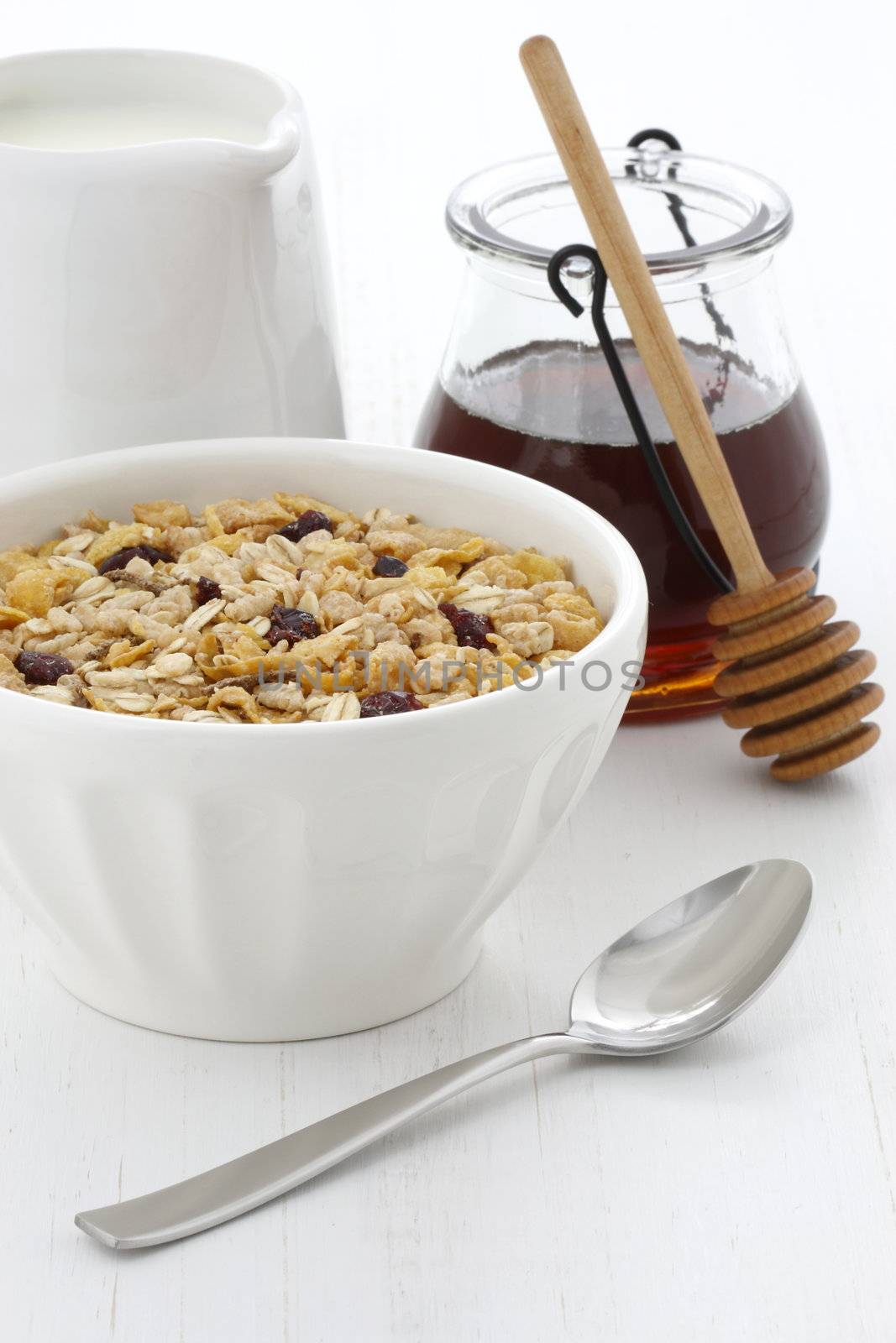 Delicious and nutritious lightly toasted breakfast muesli or granola cereal.