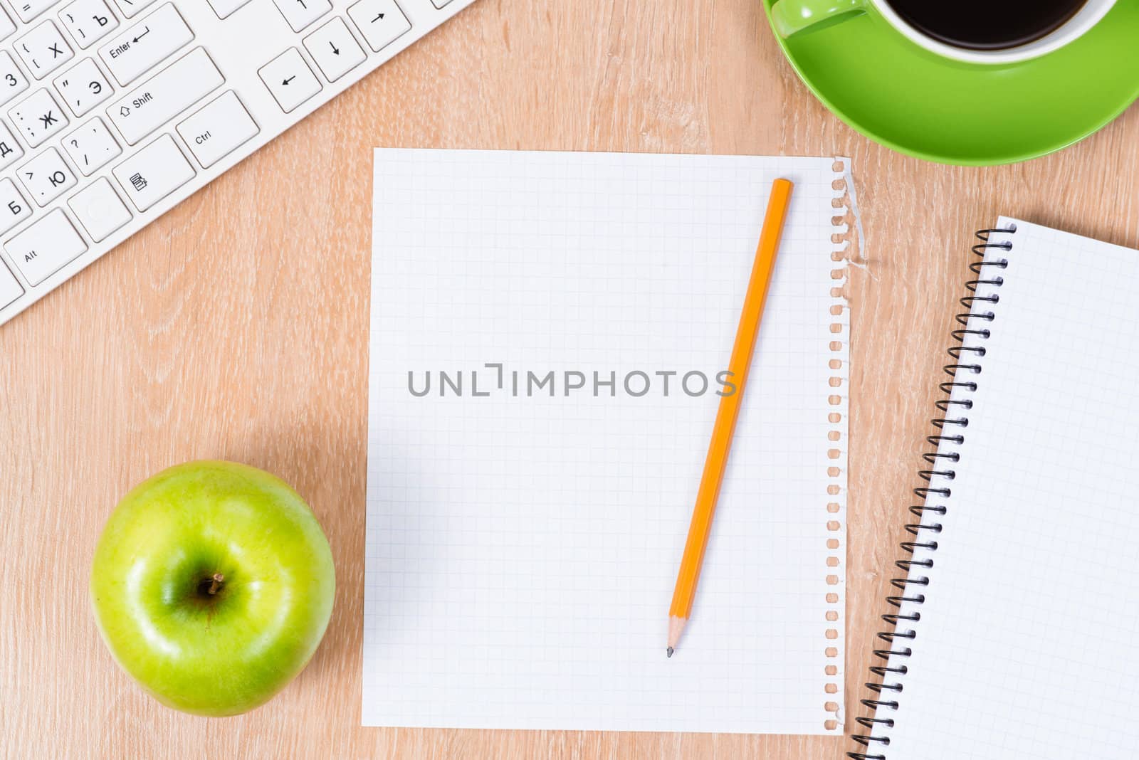 pc keyboard, pencil, coffee and notepad, workplace businessman