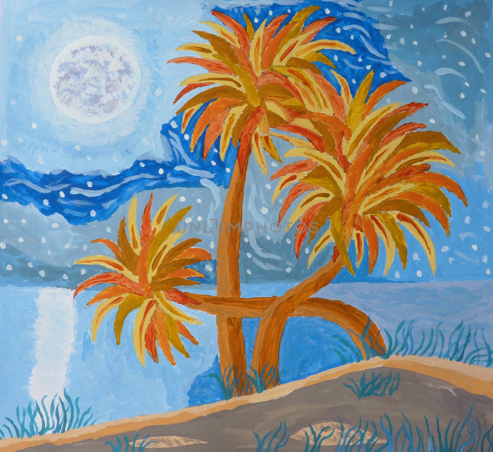 A painting of an island at the night