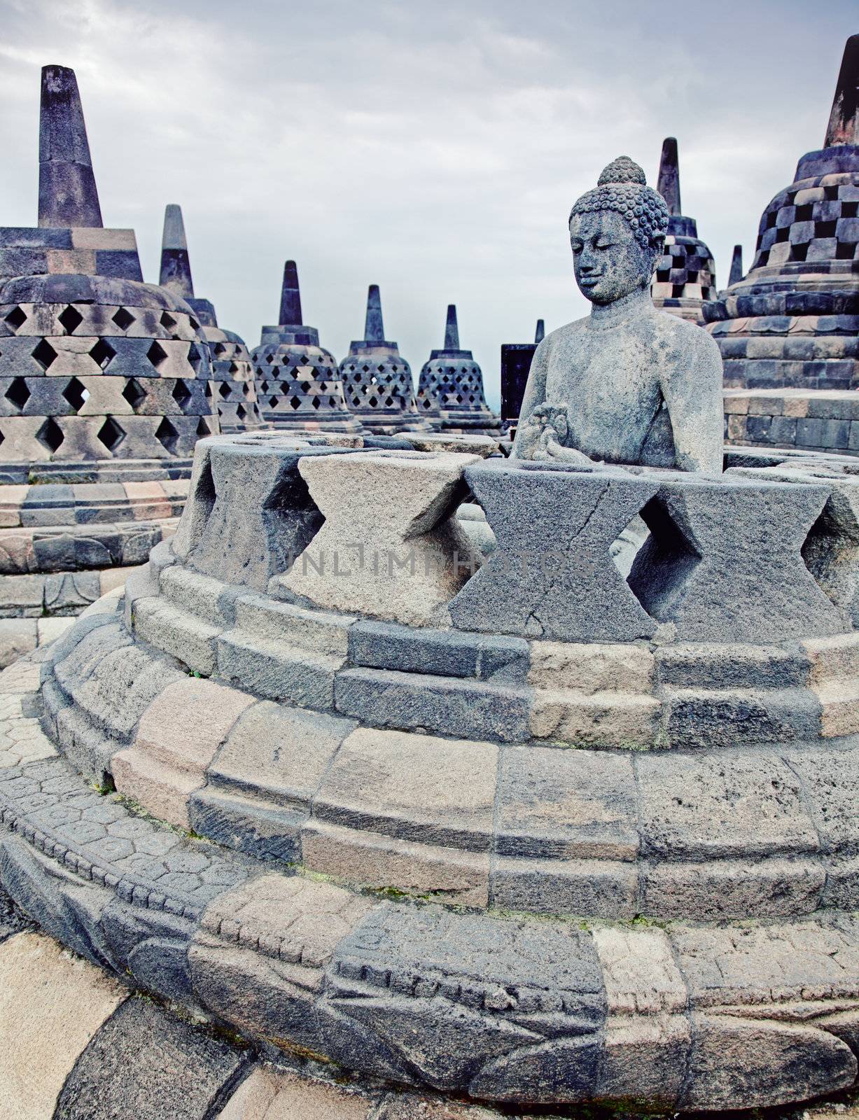 Buddha statue in Borobudur Temple at sunrise. Java. Indonesia.