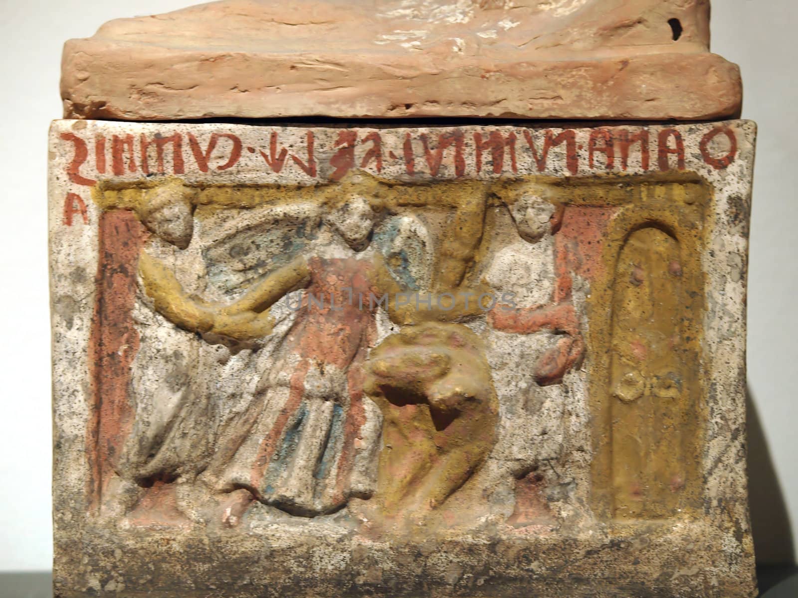 Ancient etruscan art. Painted terracotta cinerary urn 2nd century B.C.