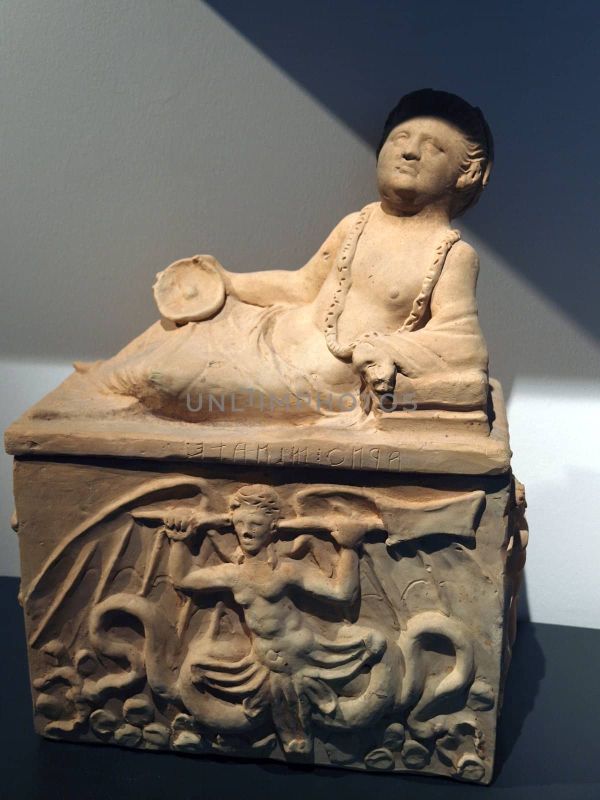 Ancient etruscan art. Painted terracotta cinerary urn 2nd century B.C.