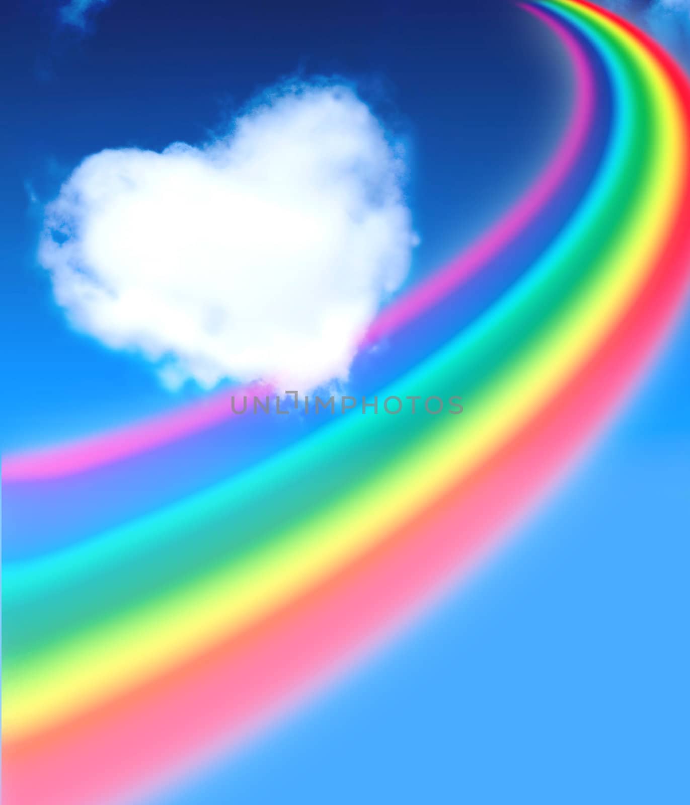 Rainbow and heart from clouds in blue sky