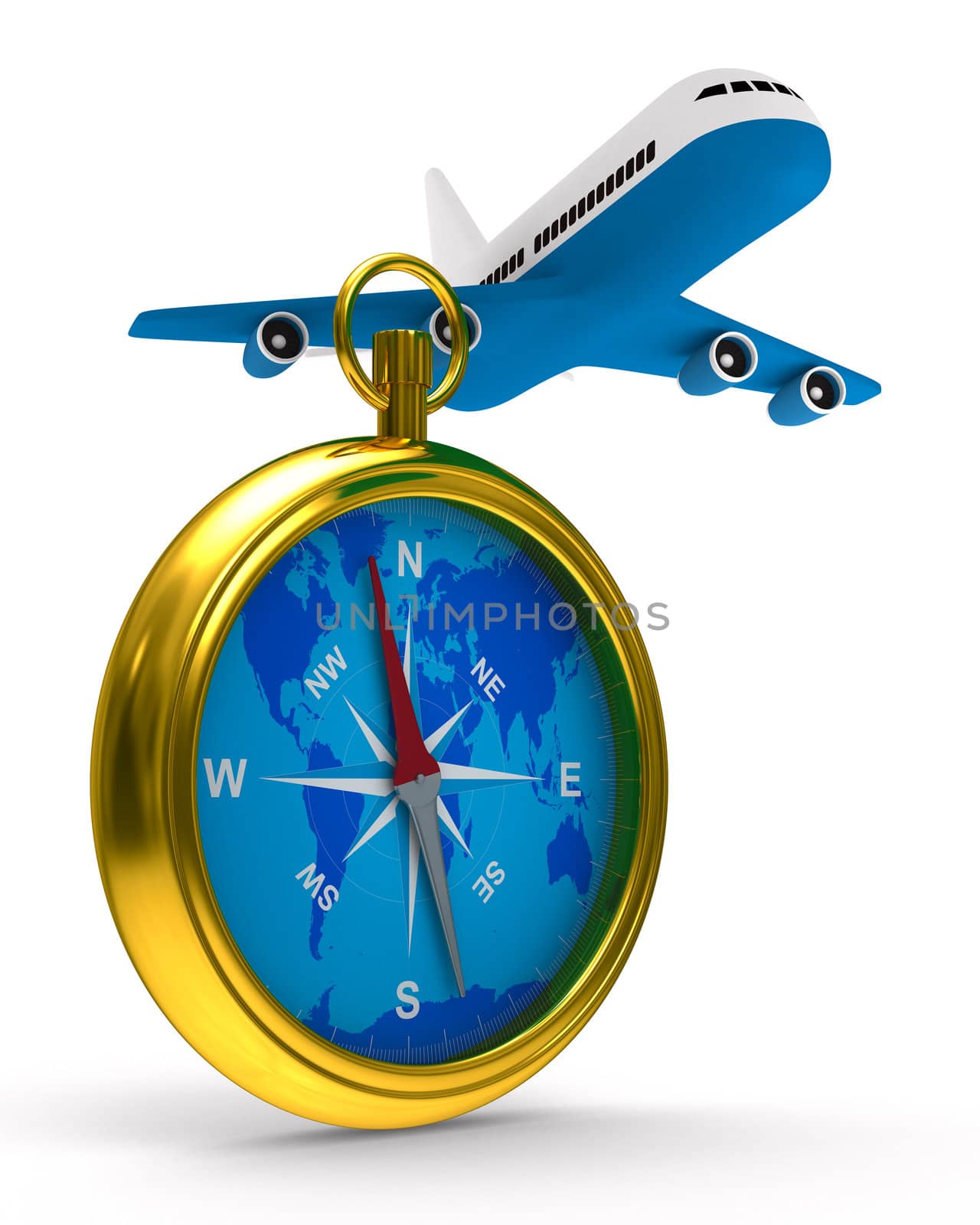 compass and airplane on white background. Isolated 3D image