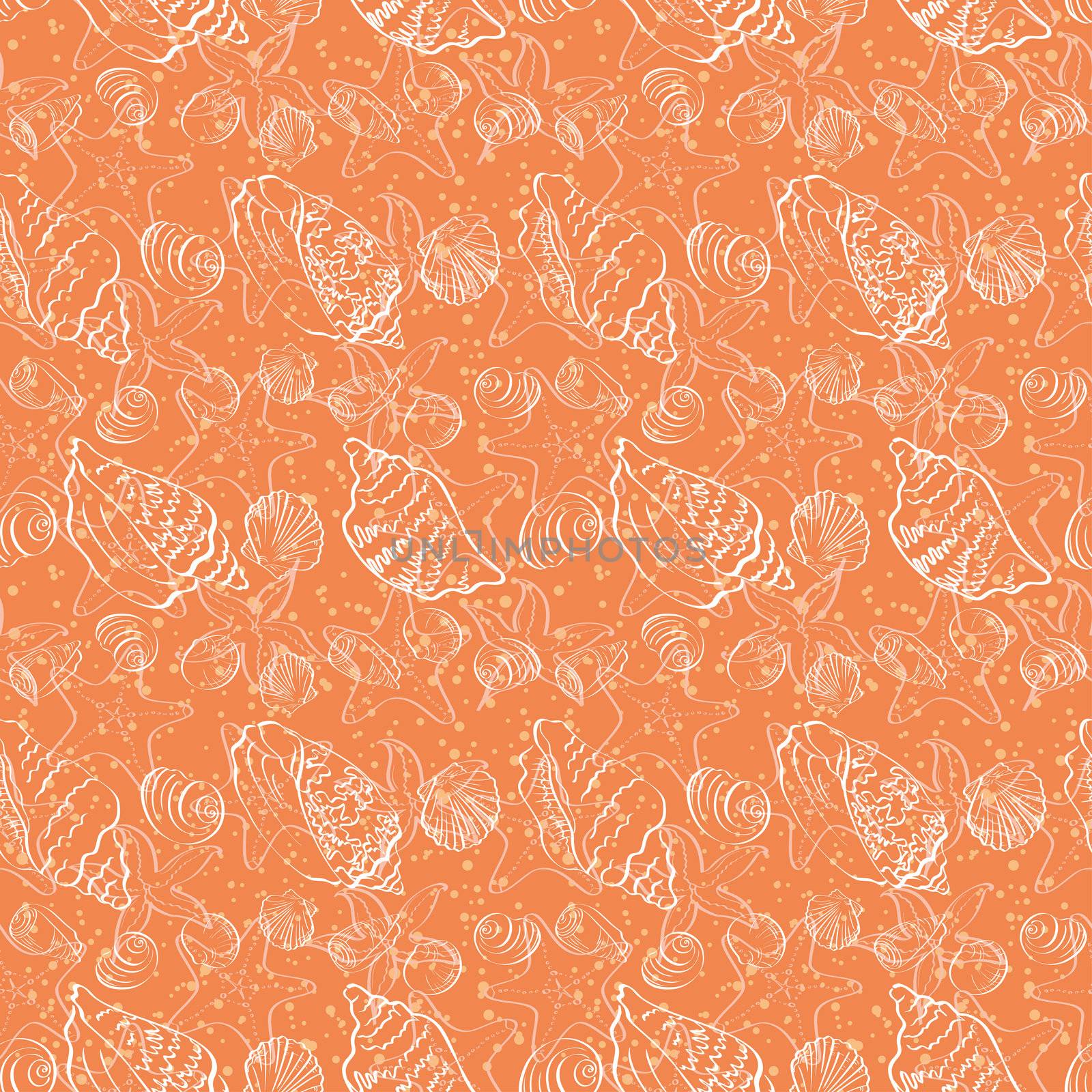 Seamless background, marine seashells and starfishes, white contour on orange background.