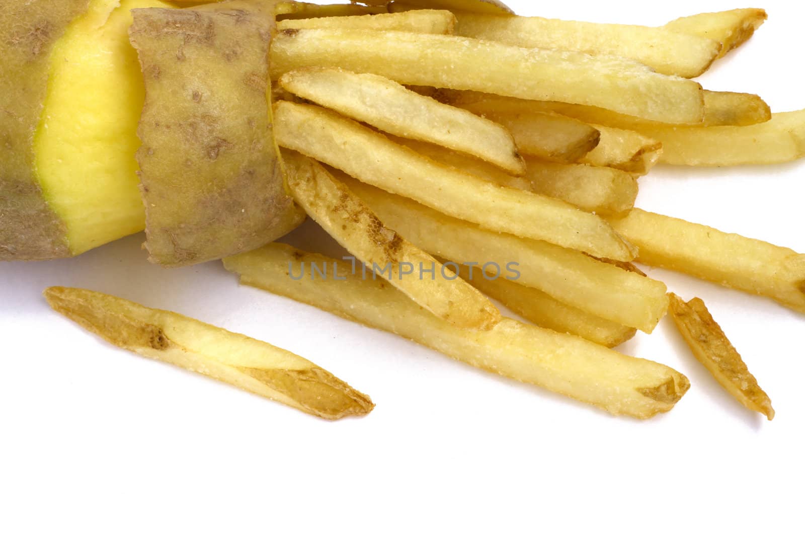 Peeled potato and french fries concept isolated on white
