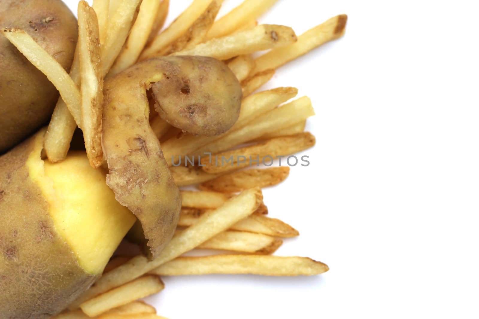 Peeled potato and french fries concept isolated on white