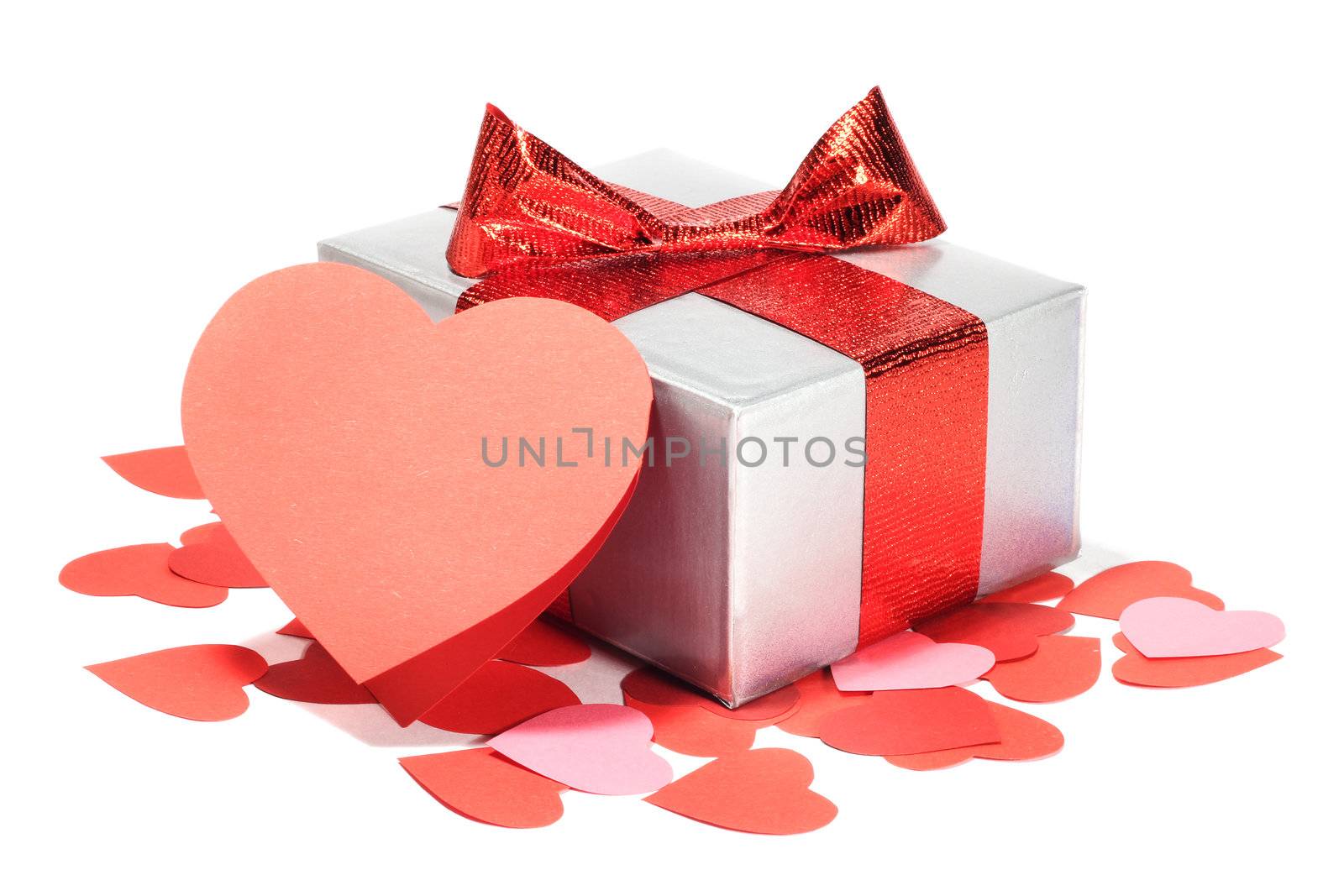 Valentines Day gift in silver box and greeting card isolated on white