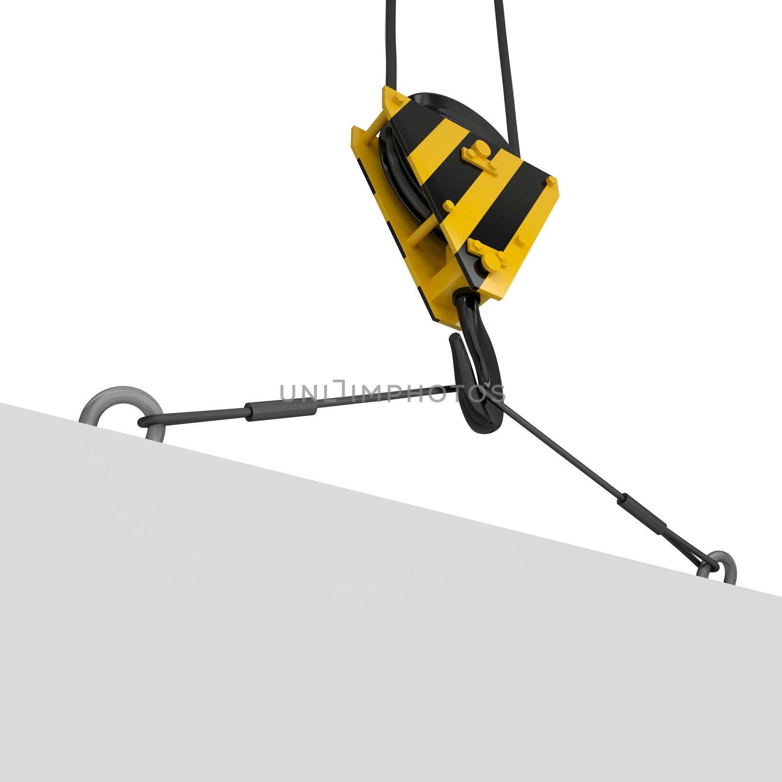Crane hook lifts the white plate. Isolated render on a white background