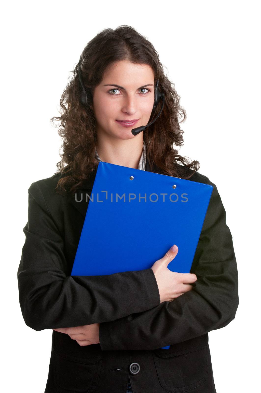 Corporate woman talking over her headset, isolated in a white background, holding a blue pad