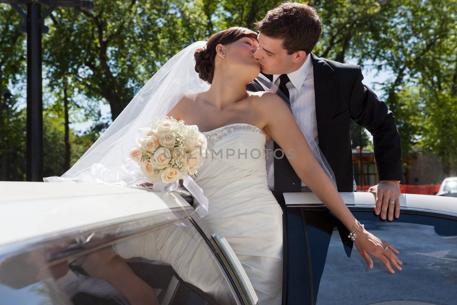 Passionate married couple kissing while standing in limo