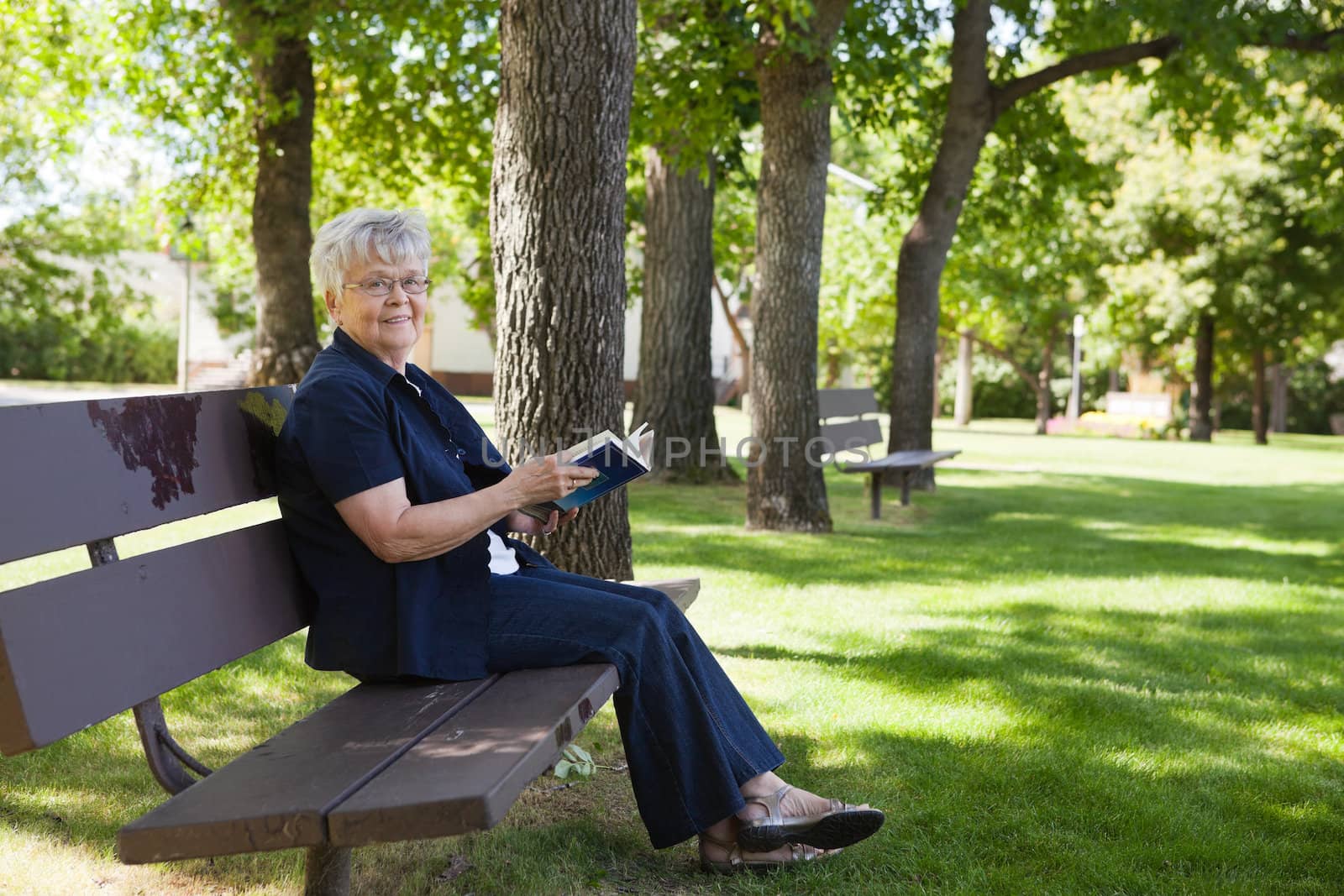 Portrait of senior woman sitting on a park bench reading a book