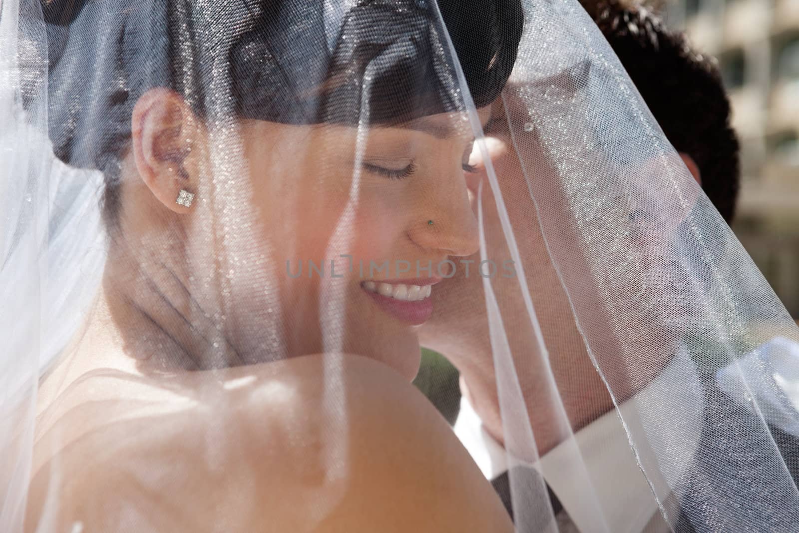 Bridegroom kissing his bride on cheek