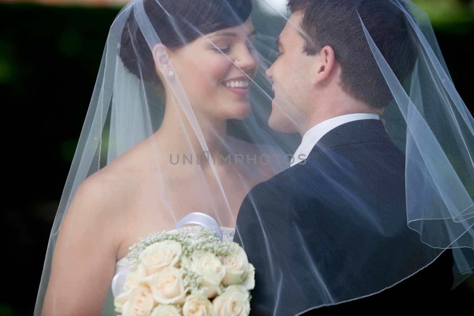 Bride And Groom Kissing Under Veil Holding Flower Bouquet In Hand.