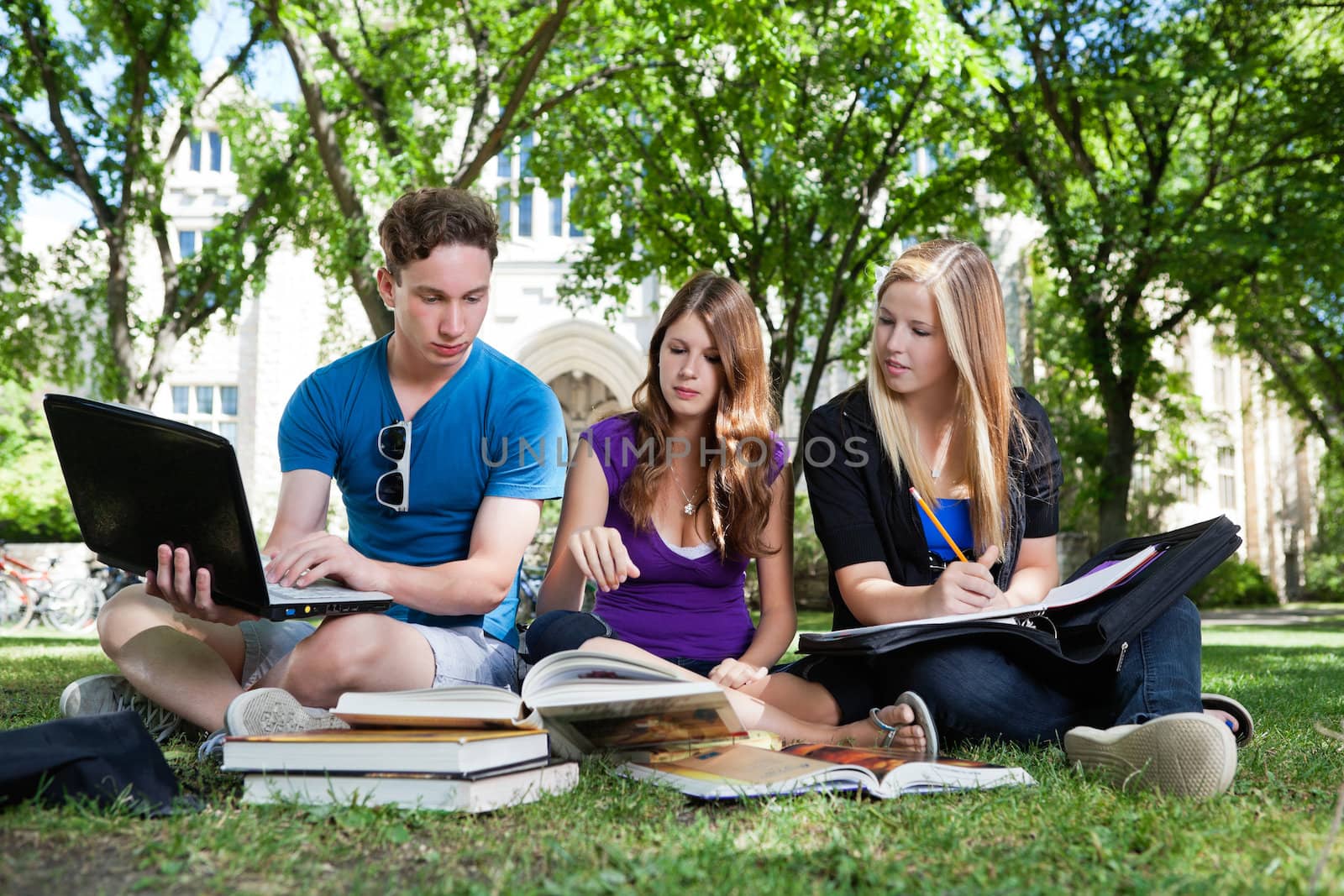 Group of college students studying together on campus ground