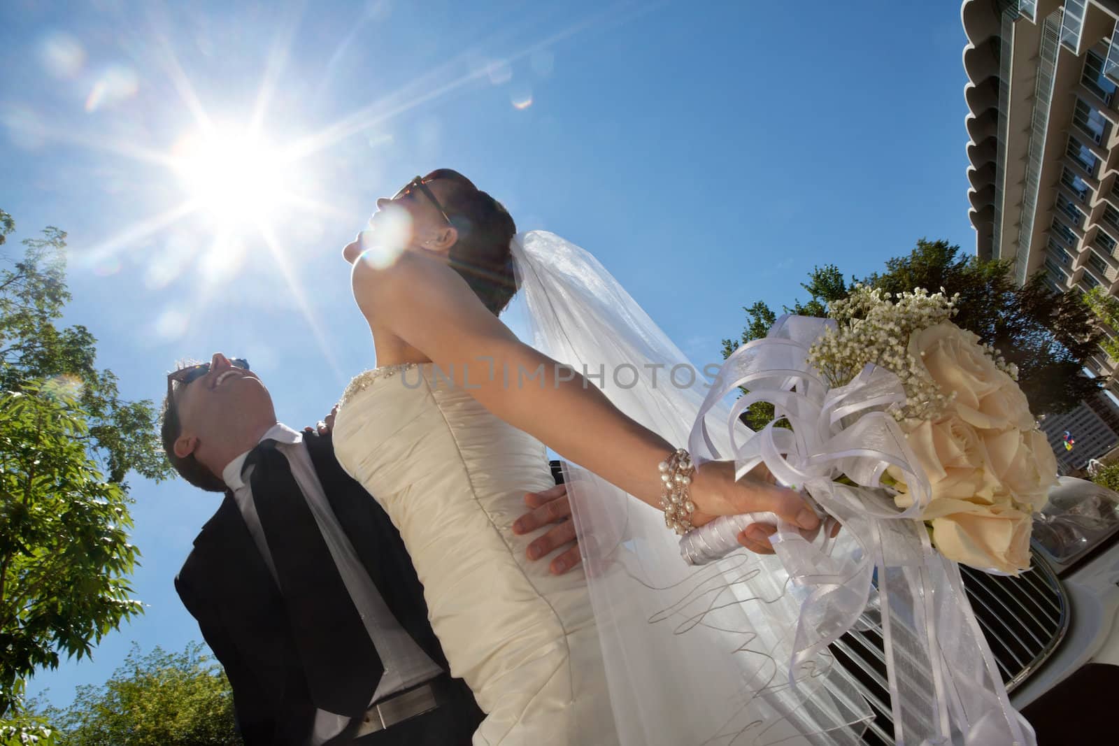 Happy newly wed couple posing in sunglasses