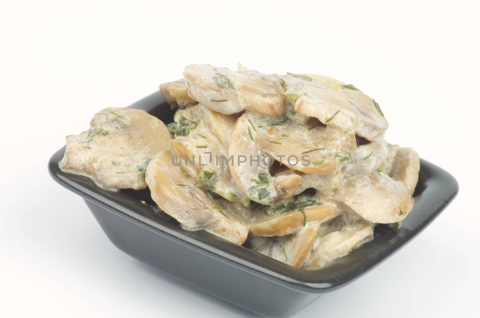 Julienne with Mushrooms, Sour Cream and Greens in Square Black Bowl isolated on white background