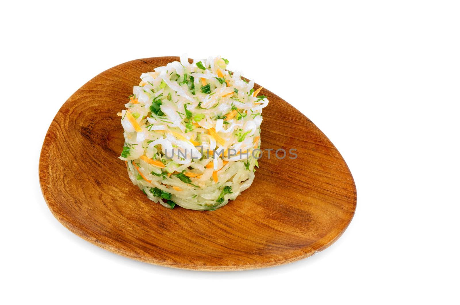 Salad of Sauerkraut with Spring Onion, Dill and Carrot on Wooden Plate isolated on white background