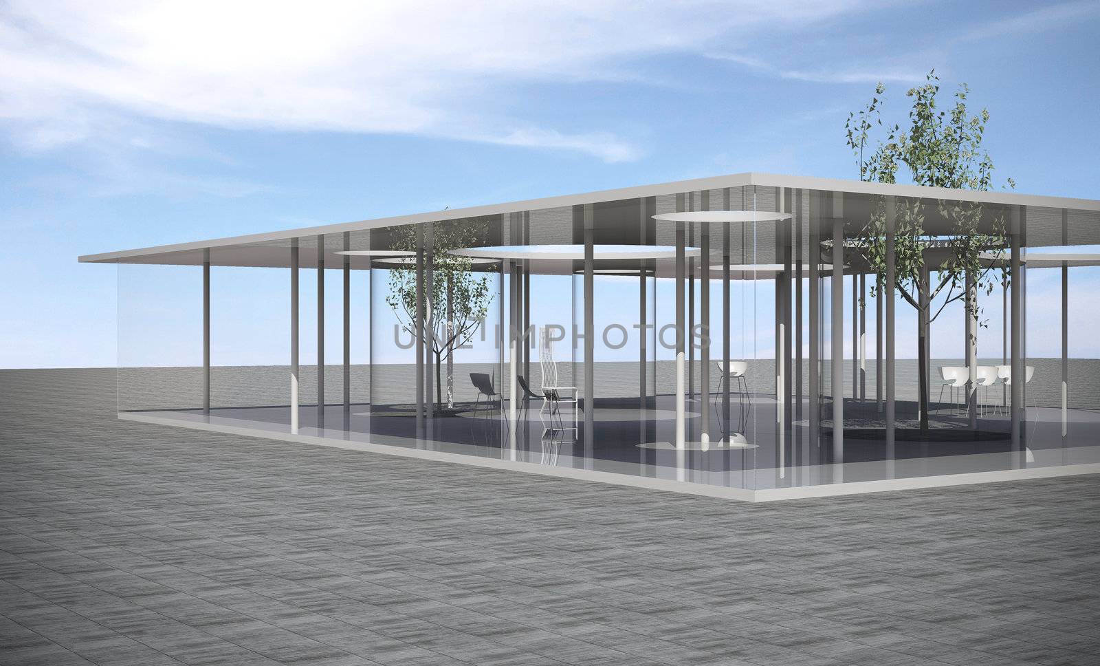 Conceptual modern building with clear glass and column 