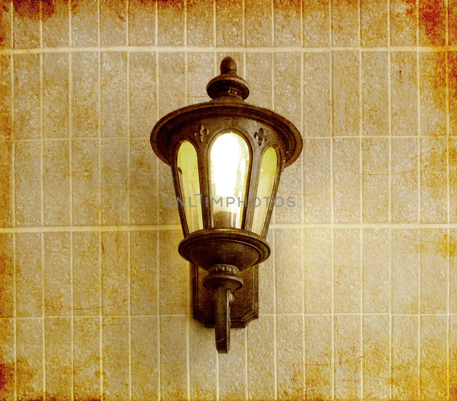 Vintage street lamp on brick wall, photo in old image style