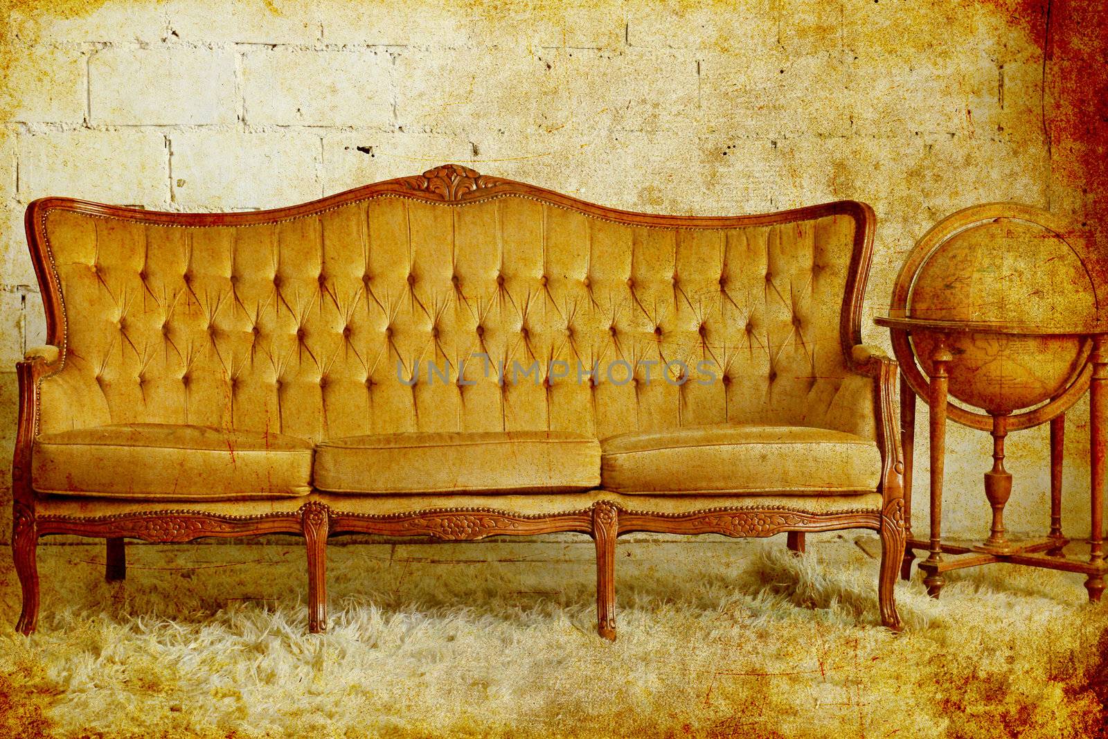 Vintage furniture sofa with old globe, photo in old image style