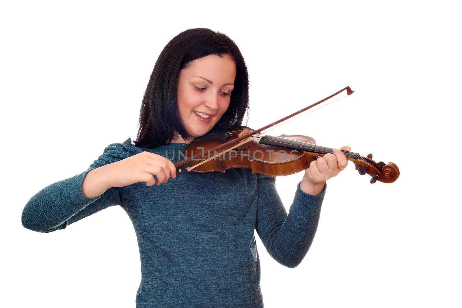 teenage girl play violin on white 